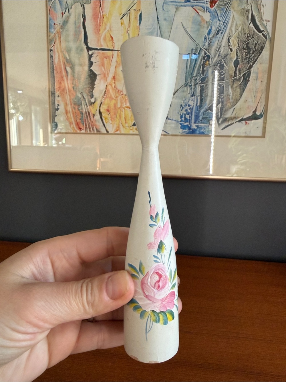 Hand-Painted White Wooden Bud Vase with Pink Floral Motif made in Denmark 🇩🇰